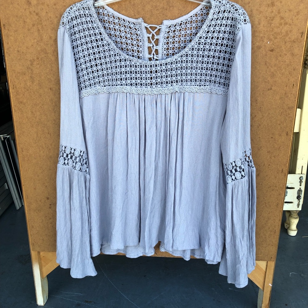 Patrons of Peace Gray Bell Sleeve Embellished Blouse